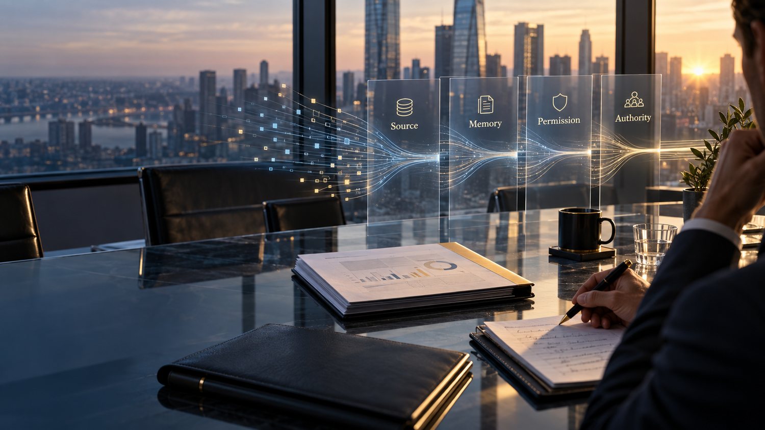 Executive desk with AI output filtered through source, memory, permission, and authority